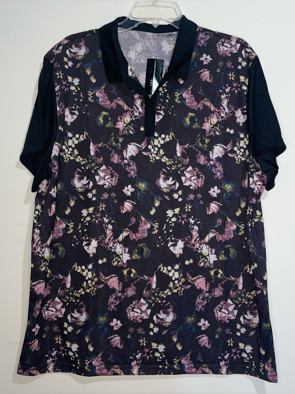 International Concepts Deep Black Floral Pattern XL Polo Top NWT